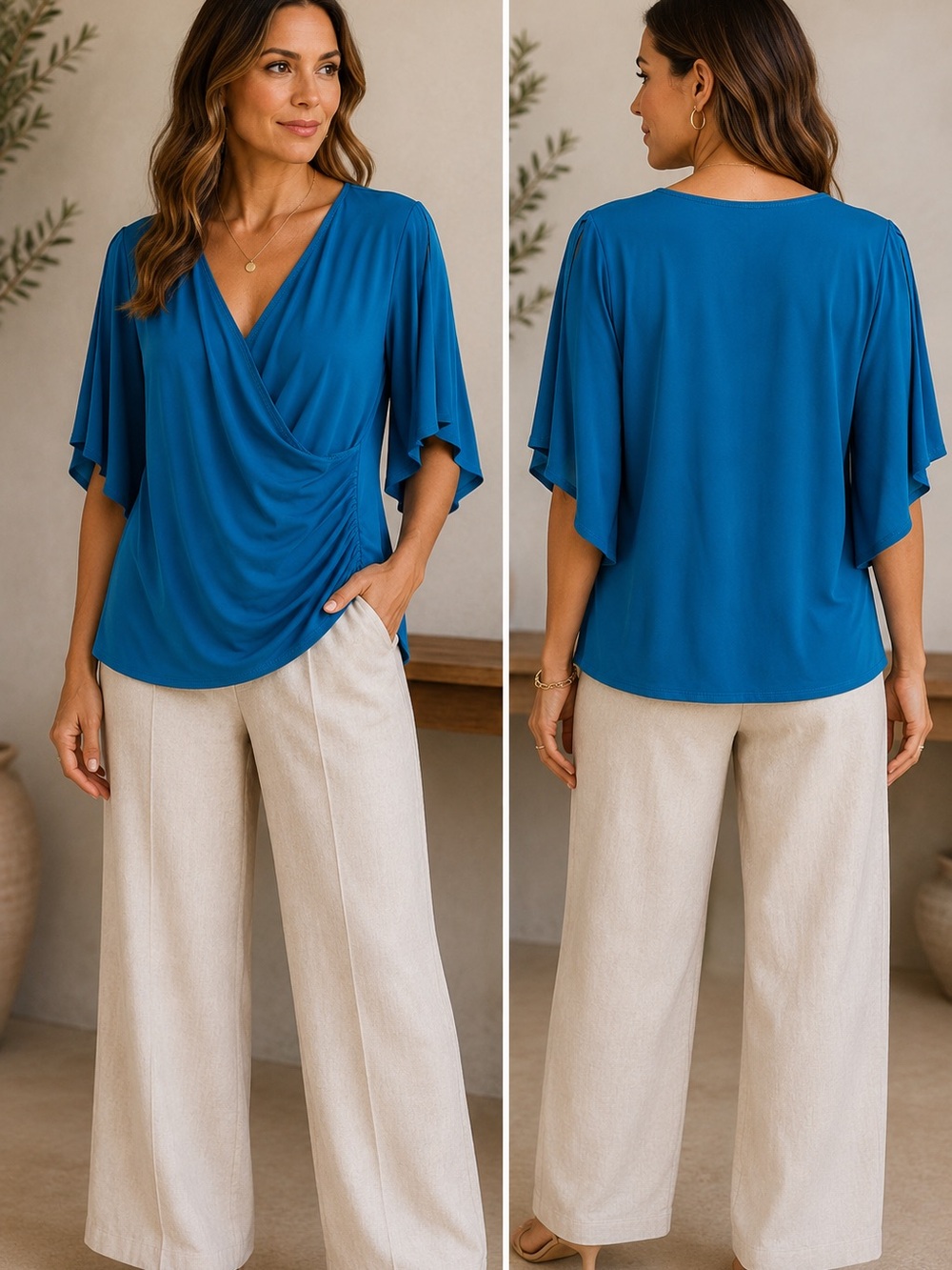 Coco Bianco Blue Cold Shoulder Faux Wrap Top Flutter Sleeve Size‎ M